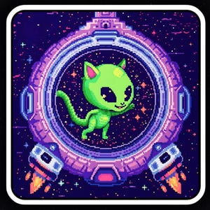 Vinylsticker Pixel Alien Cat Portal, Kawaii Space Kitty-sticker
