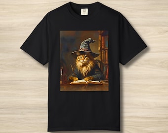 Wizard Cat Illustration T-Shirt, Funny Fantasy Cat Art Tee, Gift For Book Lovers
