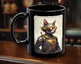 Steampunk Cat Mug, Retro Futuristic Mechanical Cat, Sci-Fi Cat Coffee Cup