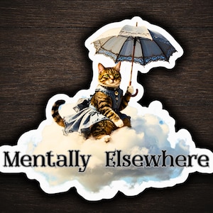 Victorian Cat Riding a Cloud Sticker - Mentally Elsewhere, Peculiar Transportation Society Cat Art image 1