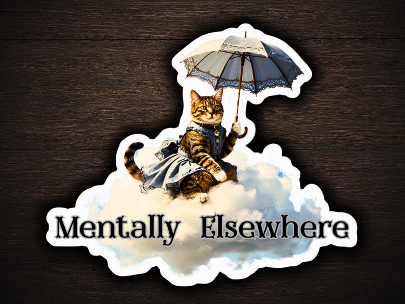 Victorian Cat Riding a Cloud Sticker - Mentally Elsewhere, Peculiar Transportation Society Cat Art image 1