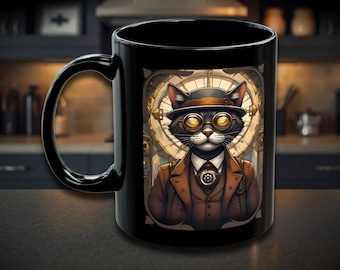 Steampunk Cat Mug, Victorian Gentleman Coffee Cup, Vintage Steampunk Gift