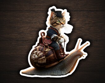 Victorian Cat Riding A Snail Sticker - Whimsical Animal Decal, Peculiar Transportation Society Cat Art