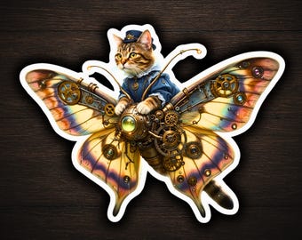 Steampunk Cat Riding Mechanical Butterfly Sticker, Whimsical Fantasy Cat Vinyl Decal