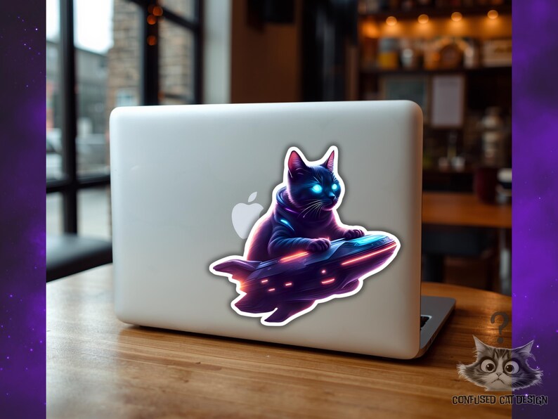 Cyberpunk Space Cat Vinyl Decal, Futuristic UFO Sticker, Sci-fi Neon ...