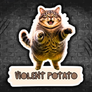 Violent Potato Cat Sticker, Angry Meme Decal, Unhinged Chubby Cat Humor, Funny Laptop Sticker