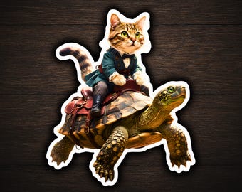 Victorian Cat Tortoise Rider - Sticker, Whimsical Animal Decal, Peculiar Transportation Society Cat Art