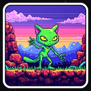 Vinylsticker Pixel Alien Cat, 8-bits retro sci-fi gamersticker