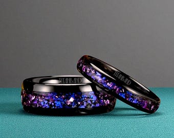 Herrvigselring med volfram och Orionnebula - Personlig jubileumspresent till man - Bröllopspresent - Löftesring till honom
