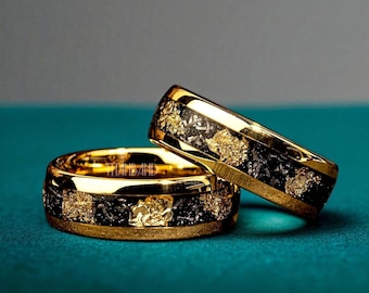 Meteorite Gold Leaf Tungsten Wedding Band - Custom Engraved Man Ring