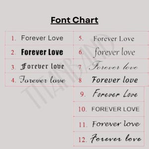 May include: A font chart displaying twelve variations of the phrase "Forever Love" in different fonts. The text is in black, with a light gray background and a red grid. The title "Font Chart" is at the top.