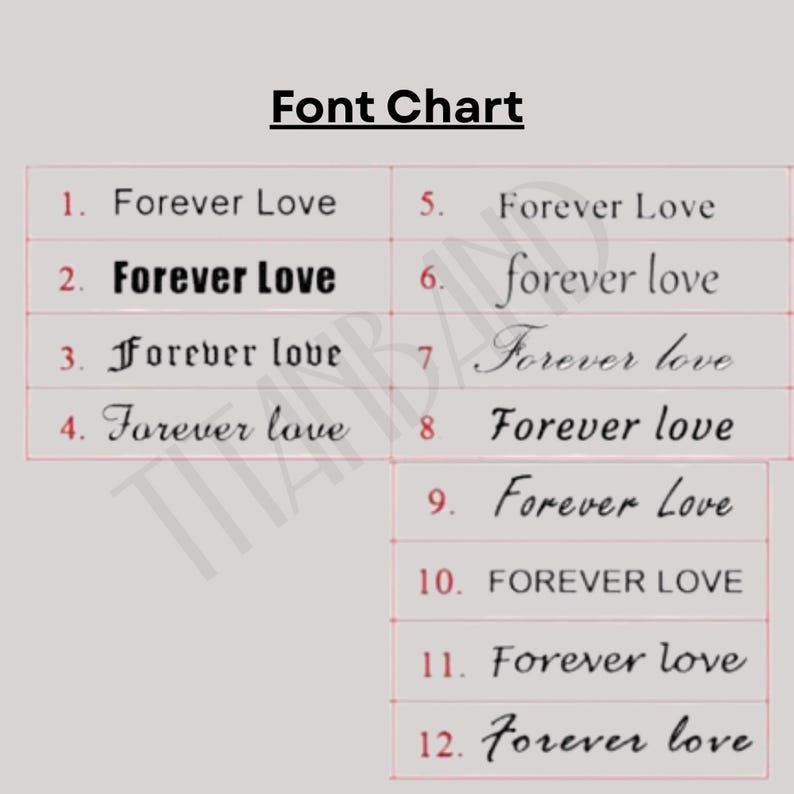 May include: A font chart displaying twelve variations of the phrase "Forever Love" in different fonts. The text is in black, with a light gray background and a red grid. The title "Font Chart" is at the top.