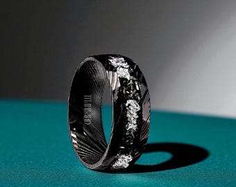 Damascus Steel Wedding Band: Meteorite & Silver Flake Inlay - Anniversary Ring