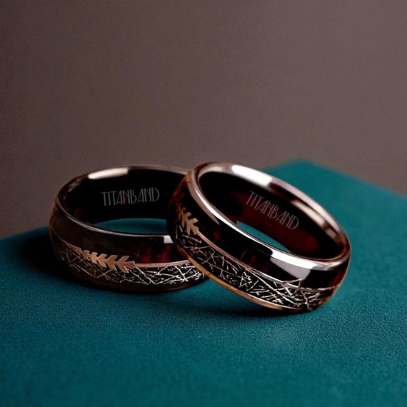 Meteorite & Rosewood wedding band - Black Tungsten man's ring - Silver wedding band - Arrow Tungsten wood ring - wedding gift for him