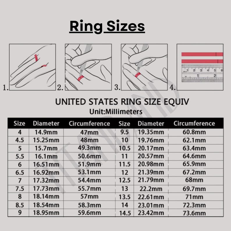 May include: Ring size chart with illustrations showing how to measure a finger for ring size. Includes a table with ring sizes, diameters in millimeters, and circumferences in millimeters. The text "Ring Sizes" is at the top.