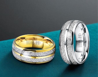 Silver & Gold Meteorite Wedding Band - 8mm Band - Man rings - Anniversary Ring Custom Tungsten - Statement Ring - wedding gift for Him