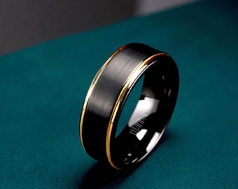 Black Tungsten Wedding Band with Gold Stripes: 8mm Comfort Fit