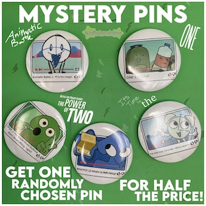 May include: A collection of white mystery pins with cartoon character designs. The pins feature various characters and text from the "Animatic Battle" and "Battle for Dream Island" series. The pins are displayed on a green background with text that reads "Mystery Pins".
