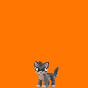 May include: A small, gray cat figurine with large yellow eyes and a black nose. The cat has a white chest and paws, and a gray tail. The background is a solid orange color. The cat is standing upright.