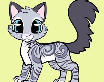 Könnte beinhalten: Cartoon-Illustration einer grauen Katze mit großen blauen Augen, rosa Ohren und einem grau-schwarz gestreiften Schwanz. Die Katze hat ein grau-weiß gemustertes Fell vor einem hellgrünen Hintergrund.