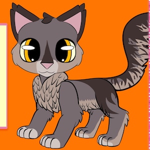 May include: A cartoon illustration of a gray cat with large yellow eyes and a fluffy neck. The cat has a striped tail and is standing on an orange background. A pink ruler with inch measurements is on the right side of the image, and the text "FULL SIZE" is on the left.