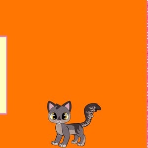 May include: An orange background with a cartoon kitten illustration. The kitten is gray with a striped tail and large yellow eyes. A pink ruler is on the right side, and the word "KITTEN" is vertically displayed in a pink-bordered box on the left.