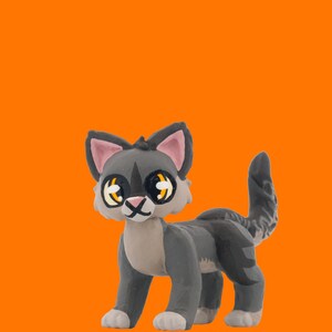 May include: A gray and white cat figurine with large yellow eyes and a pink nose and ears. The cat has a striped tail and is standing on four legs. The background is a solid orange color.