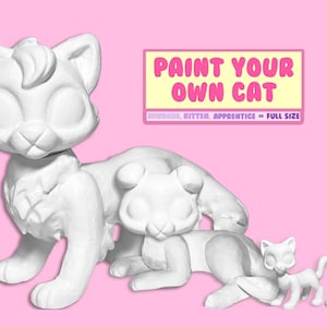May include: A collection of white ceramic cat figurines in various sizes, including a large cat, a medium-sized cat, and two small kittens. The image includes the text "PAINT YOUR OWN CAT".