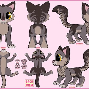May include: A cartoon illustration of a gray cat in multiple views: front, back, belly, and side profiles. The cat has large yellow eyes, a striped tail, and a fluffy chest. The background is a light pink color.