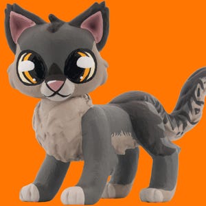 May include: A gray and white cat figurine with large, expressive eyes. The cat has a fluffy chest and a striped tail. The figurine is set against an orange background, showcasing its detailed design and playful pose. A charming collectible.