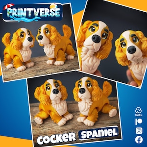 Puede incluir: Múltiples imágenes de figuras de Cocker Spaniel. Las figuras son principalmente naranjas y blancas, con detalles precisos. El texto "PRINTVERSE" está en la parte superior y "COCKER SPANIEL" en la inferior. Las figuras se muestran en varias poses.