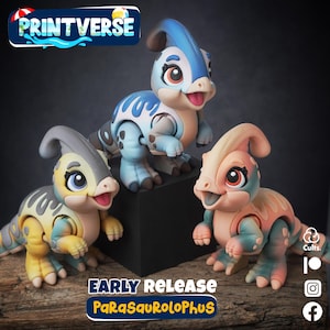 May include: Three articulated Parasaurolophus dinosaur figures with large eyes and open mouths. One is blue and white, one is yellow and grey, and one is peach and teal. The text PRINTVERSE and EARLY RELEASE PARASAUROLOPHUS are visible.