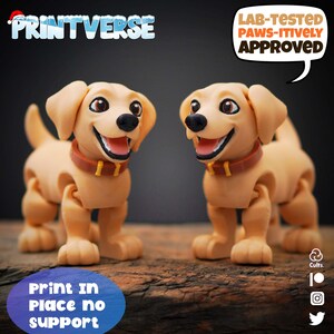 Op de afbeelding: Twee lichtbruine, beweegbare hondenbeeldjes met bruine halsbanden en lachende gezichten. De afbeelding bevat de tekst "PRINTVERSE", "Print in Place no support" en "LAB-TESTED PAWS-ITIVELY APPROVED". De beeldjes staan op een houten oppervlak.