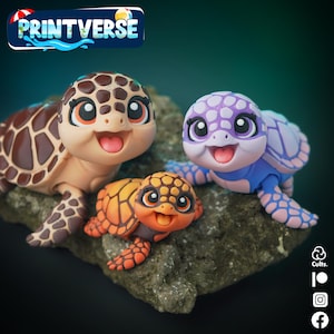 Peut inclure: Trois figurines de tortues souriantes aux couleurs vives, avec des carapaces détaillées et des yeux expressifs. Les tortues sont dans des tons de marron, orange et violet, posées sur une roche texturée. Le texte "PRINTVERSE" est inclus.