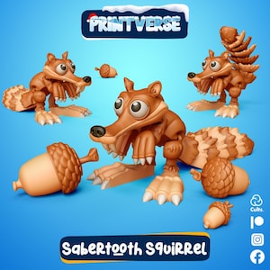 May include: A collection of brown, cartoon-style saber-tooth squirrel figurines and acorns on a blue background. The figurines have large eyes and exaggerated features. The text "PRINTVERSE" and "SaberTooth SQUIRREL" are displayed.