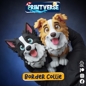 May include: Two stylized dog figurines, one black and white and one tan and white, featuring large eyes, pink tongues, and white chest fur. The text PRINTVERSE appears at the top, and the text BORDER COLLIE is displayed on a yellow banner below.