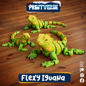 Peut inclure: Trois figurines d'iguanes articulés verts et jaunes sont présentées sur une surface en bois. Les iguanes ont un design segmenté, avec le texte "FLEXY IGUANA" dans une bannière bleue et jaune en bas et "PRINTVERSE" en haut.