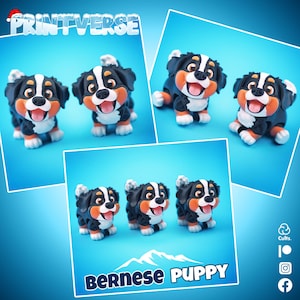 May include: Several Bernese Mountain Dog puppy figurines are displayed on a blue background. The puppies have black, white, and brown markings, with their tongues sticking out. The text "PRINTVERSE" and "BERNESE PUPPY" are also visible.