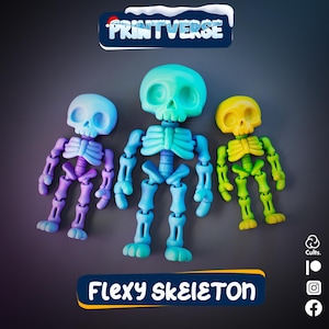 May include: Three articulated skeleton figures in blue, purple, and yellow. The skeletons have detailed skull features and poseable limbs. The image includes the text "PRINTVERSE" and "FLEXY SKELETON".