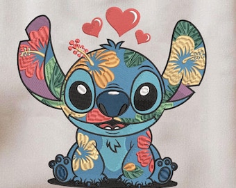 Stitch with Hearts Embroidery Machine Design, Lilo and Stitch Embroidery Design File, Cute Stitch, Cartoon Embroidery Designs