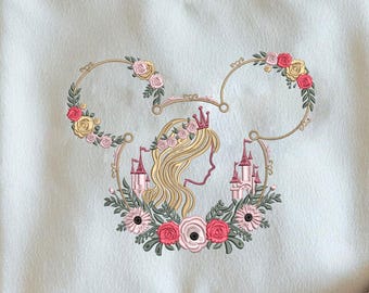 Magical Princess Castle Embroidery Design, Floral Mouse Ears Machine Embroidery, Fairy Tale Floral Wreath Digital File (Digital Download)