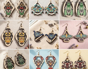 Engraved Wood Insect Ocean Earring SVG Bundle, Laser Cut Beetle Moth Crab (Digital Download)