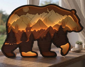Bear Multilayer Wood Art SVG, Mountain Wildlife Laser Cut File (Digital Download)