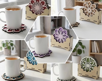 Layered Floral Mandala Coaster Set SVG, Holder Box Laser Cut File (Digital Download)
