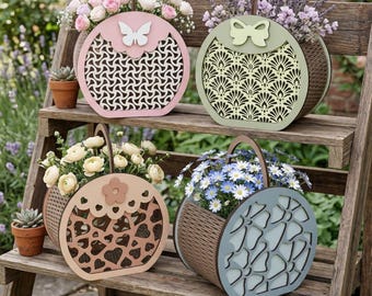 Laser Cut Flower Basket SVG, Round Gift Box Template, Floral Easter Box (Digital Download)