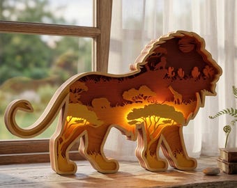 Lion Multilayer SVG, Safari Landscape Wood Art, Wildlife Laser Cut File (Digital Download)