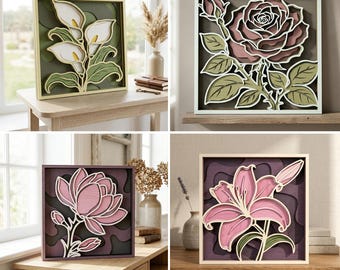 Layered Floral Wall Art SVG Bundle, Rose Lily Lotus Calla Lily Designs (Digital Download)