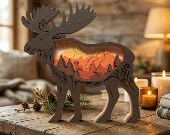 Layered Moose SVG, Mountain Wildlife Wood Art, Forest Scene Laser Cut File (Digital Download)
