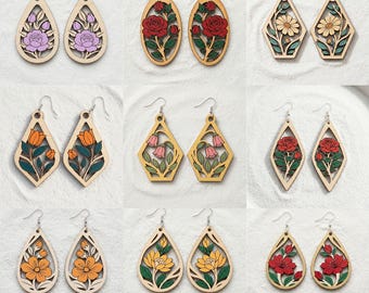 Floral Wooden Earrings SVG Bundle, Laser Cut Dangle Jewelry Template (Digital Download)