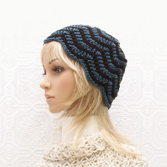 Hand Crocheted Hat Chevron Hat Navy Blue and Black | Etsy